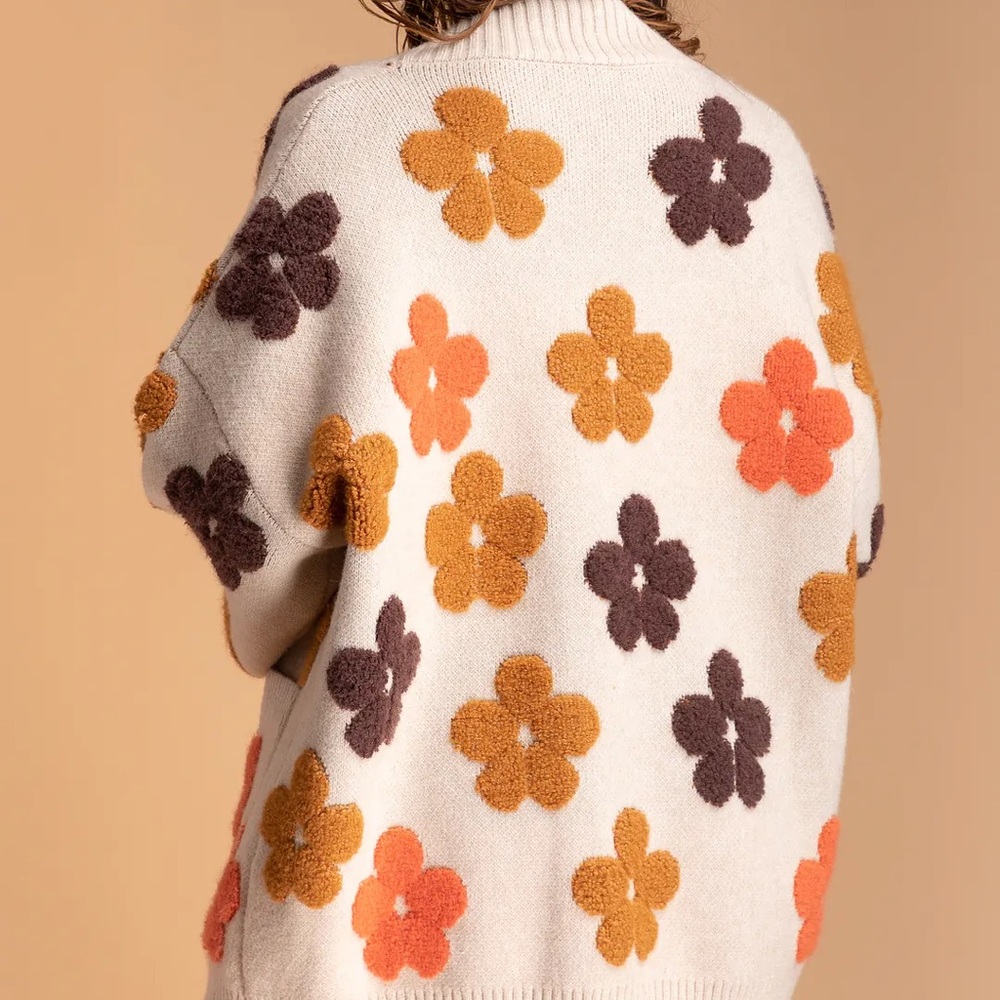 SACHI Floral Patterned Cardigan - Cream, Orange, Brown